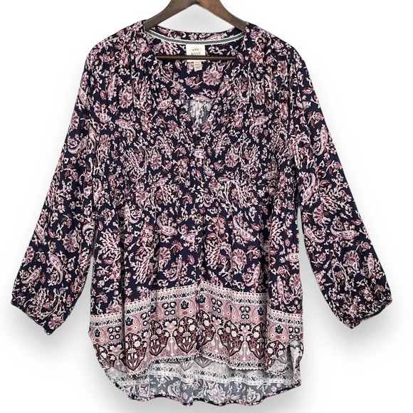 Knox Rose Tops - Knox Rose Tunic Top Women Size XXL Blue Pink Paisley Smocked Buttons Hi-Lo Hem